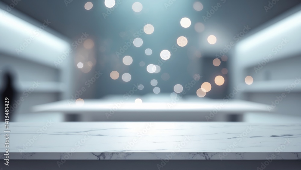 Blank vertical white table surface, counter, and desk against a blurred perspective with bokeh lights, White marble stone tabletop, shelf, and indistinct shop for product showcase mockup