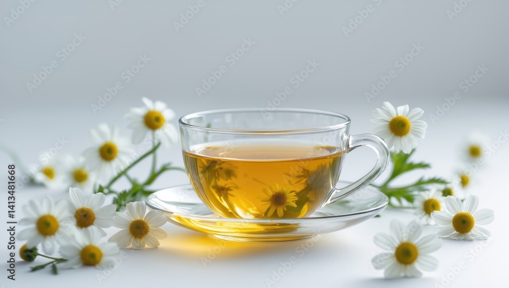 Herbal tea featuring fresh chamomile blossoms in the backdrop Herbal tea featuring fresh chamomile blossoms in the backdrop