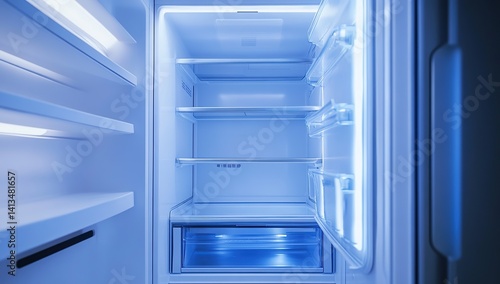 The interior of the refrigerator is empty, with clear shelves and an open door