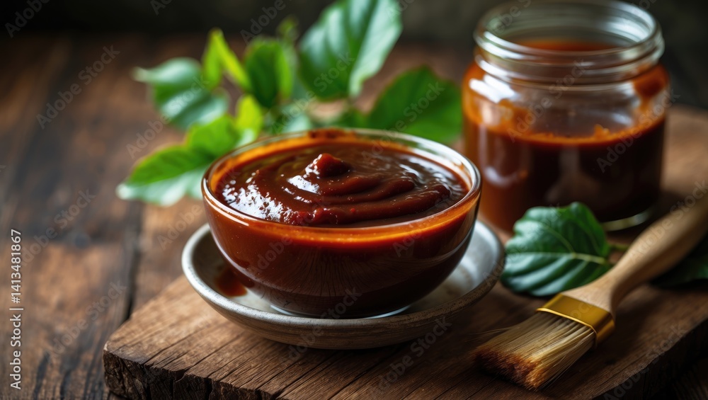 Barbecue sauce placed in a saucer with a basting brush on a wooden table featuring empty space. Barbecue sauce placed in a saucer with a basting brush on a wooden table featuring empty space.