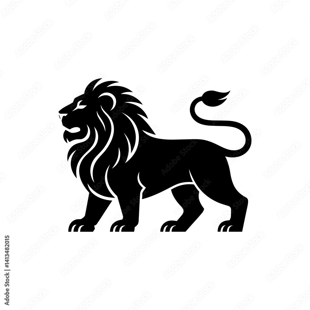 Obraz premium Lion head vector logo, Wild roaring lion king head tattoo set, Front and side view predator face, full lions heads icon black and white ink sketch silhouettes design, Eps, Ai, Svg format