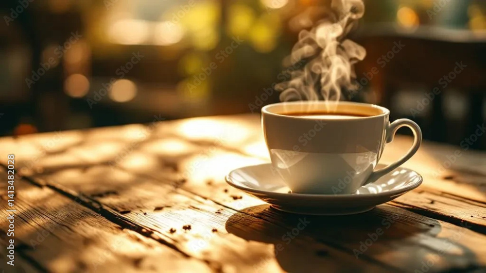 Elegant cup of hot coffee on the wooden table. Close up.