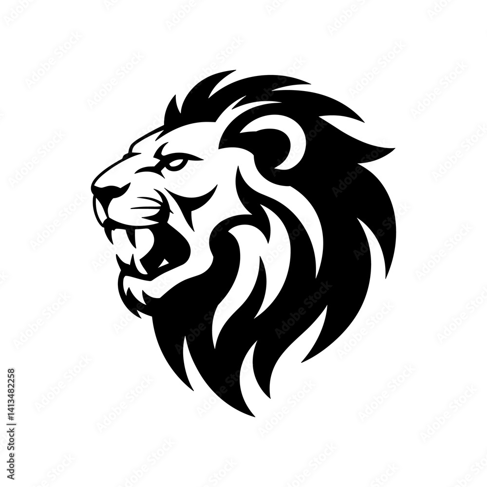 Fototapeta premium Lion head vector logo, Wild roaring lion king head tattoo set, Front and side view predator face, full lions heads icon black and white ink sketch silhouettes design, Eps, Ai, Svg format