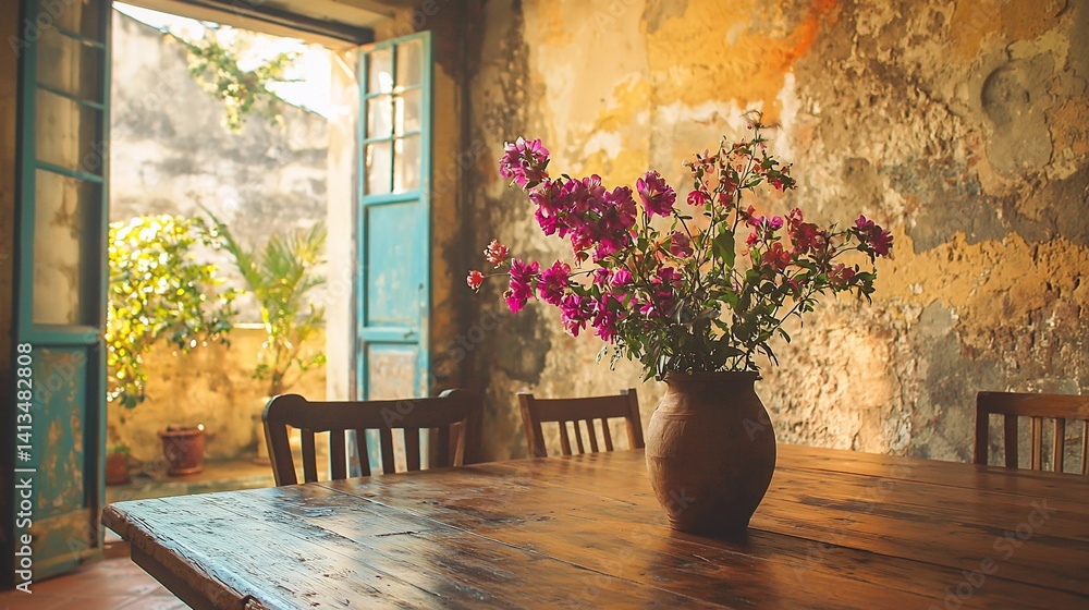 Room with open doors, flowers, wooden table and chairs, weathered wall Room with open doors, flowers, wooden table and chairs, weathered wall