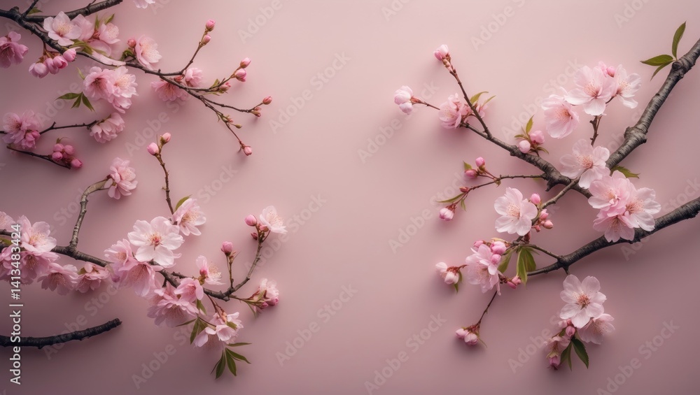Blossoming cherry tree. Nature in spring with sakura blooms against a gentle pink background. Springtime idea. Top view. Flat lay Blossoming cherry tree. Nature in spring with sakura blooms against a gentle pink background. Springtime idea. Top view. Flat lay