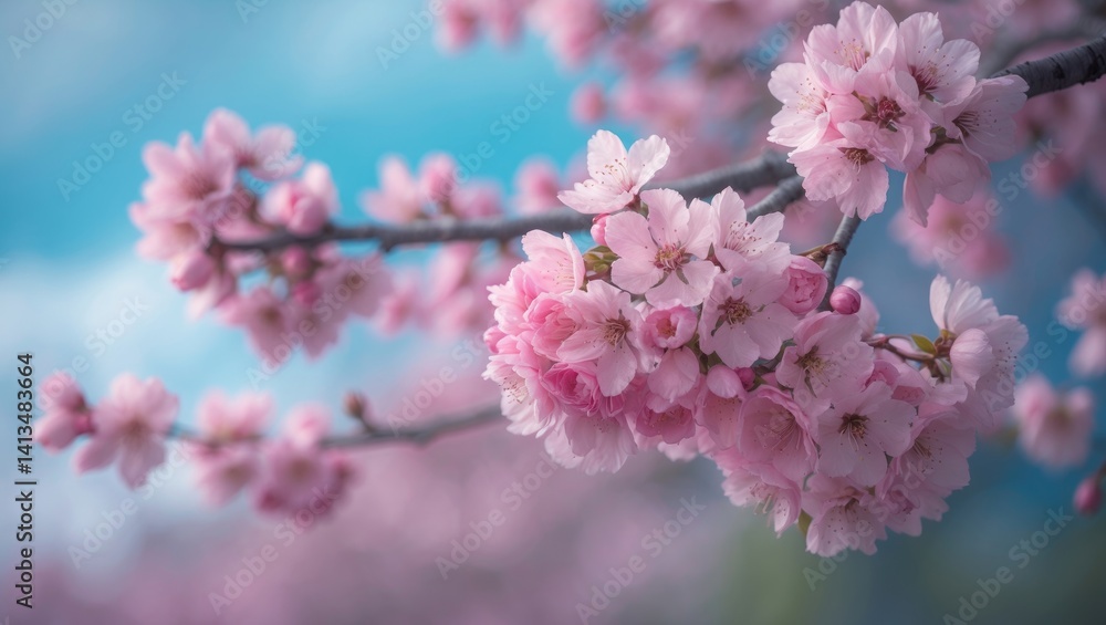 Cherry blossoms flowering in spring beneath a clear blue sky. Cherry blossoms flowering in spring beneath a clear blue sky.