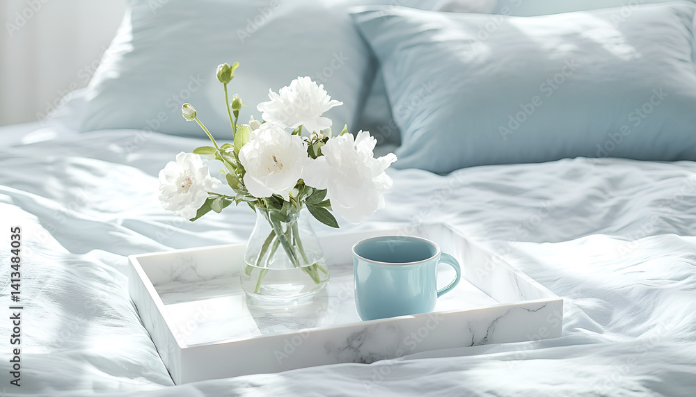 Fototapeta premium Marble white tray holding white flowers in a vase and a blue pastel cup on a bed with pastel blue linens and pillows