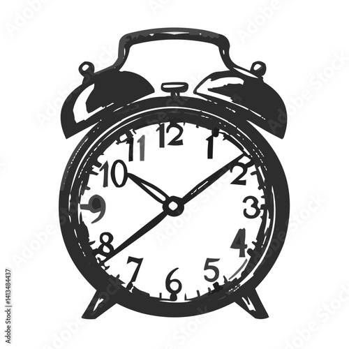Vintage alarm clock icon with bells and clock hands, no background