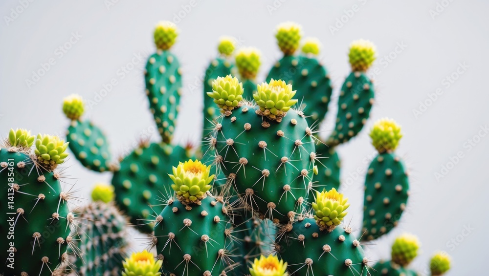 Cactus with green pads against a white backdrop.