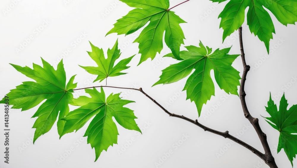 Isolated green maple leaves on a branch against a white backdrop. Isolated green maple leaves on a branch against a white backdrop.