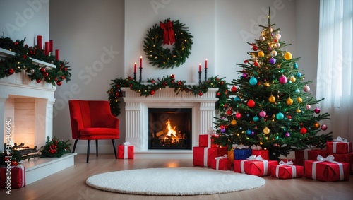 Decor gifts around a pine Christmas tree and fireplace in the home