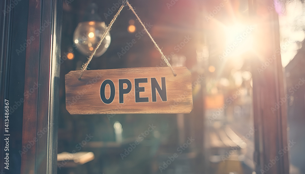 hanging wooden sign with text OPEN on glass door over blurred restaurant in summer