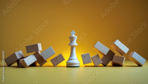 A chess piece prevents the domino effect in wooden blocks. Ideas related to leadership support, crisis management, or insurance risk.