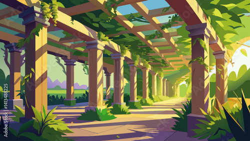 Sunlight filters through a vine-covered pergola, creating dancing patterns on the grass