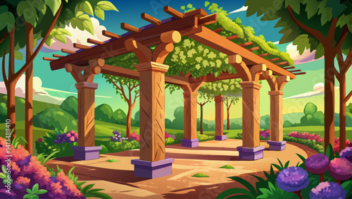 Wooden pergola nestled in a garden, lush grapevines curling around each beam