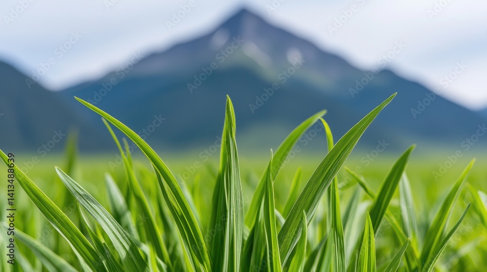 Obraz premium Serene green grass field with majestic mountain background