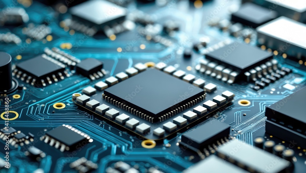 Circuit board technology. Electronic hardware components for computers. Digital chip on a motherboard. Tech science backdrop. Integrated communication processor. Information engineering in blue and Circuit board technology. Electronic hardware components for computers. Digital chip on a motherboard. Tech science backdrop. Integrated communication processor. Information engineering in blue and