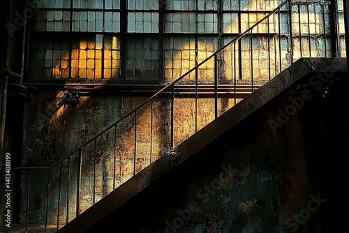 A rusty staircase ascends towards a light through a grimy window