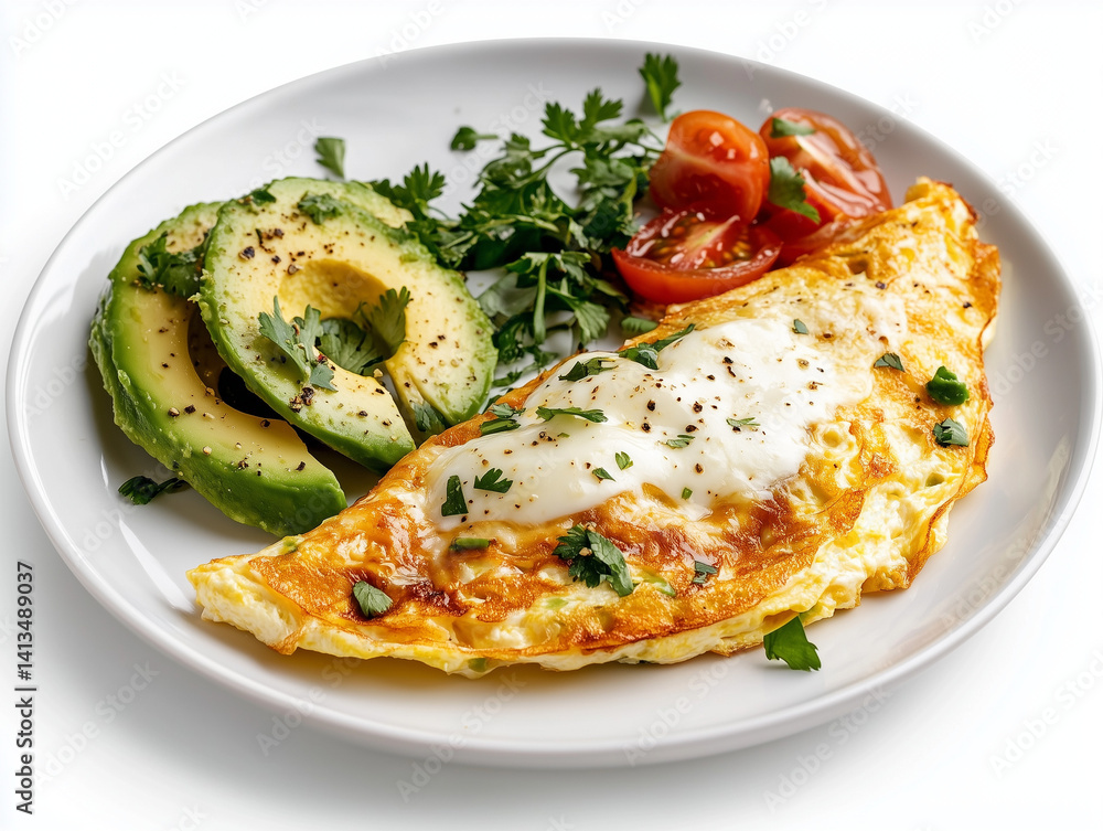 Delicious omelette with avocado, tomatoes and cream cheese for a healthy breakfast