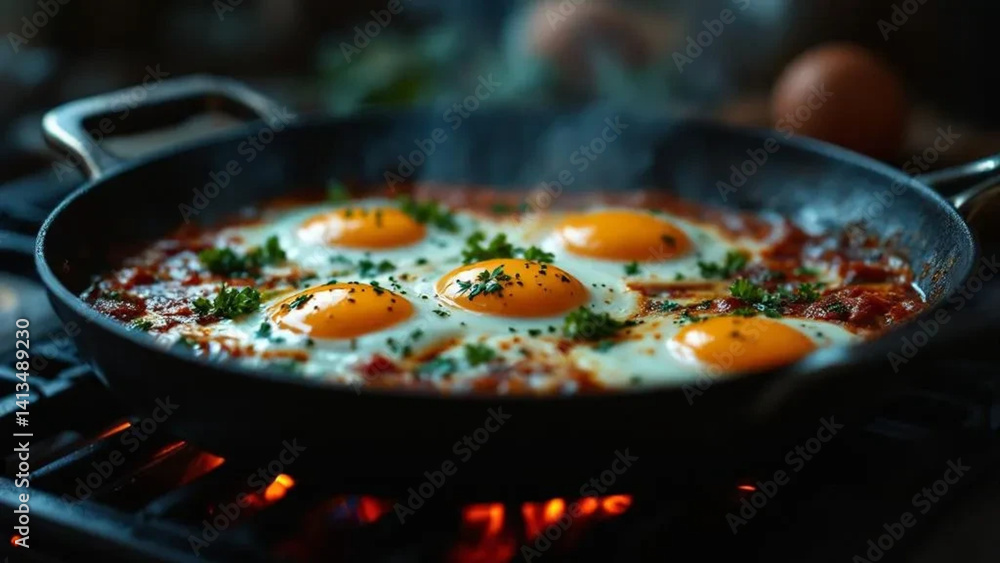 Traditional shakshuka with tomatoes and eggs.