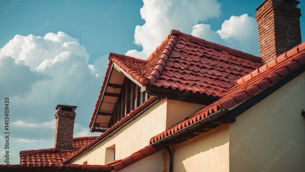 Clay tile roofing. Concept of renewal for roofs and chimneys in buildings. Clay tile roofing. Concept of renewal for roofs and chimneys in buildings.