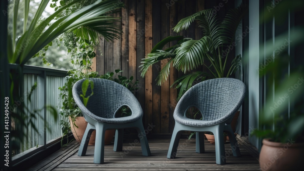 Fototapeta premium Two chairs on the balcony, grey, plastic, woven