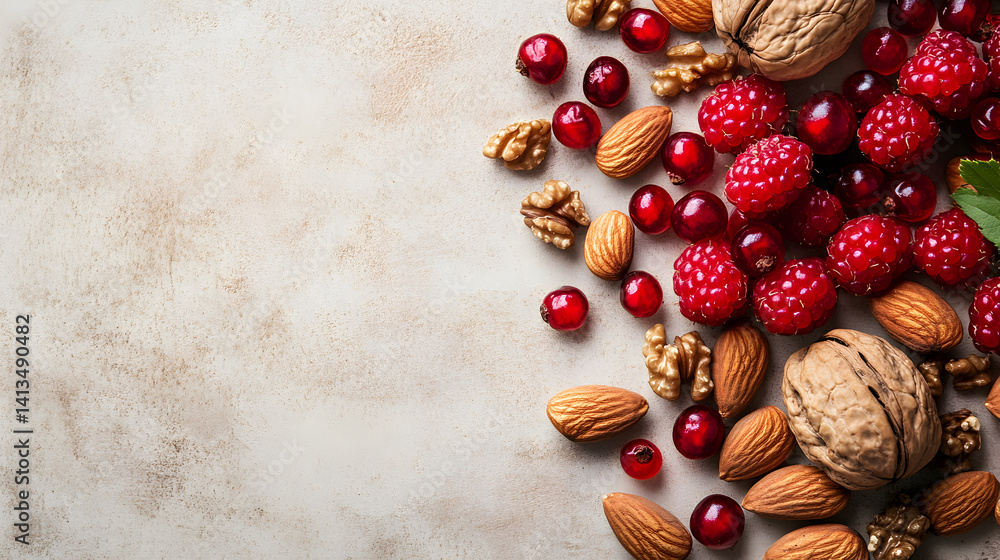 Fototapeta premium un fondo con espacio de copia con un puño de almendras nueces y frutos rojos comida saludable comida llena de nutricion y deliciosas semillas