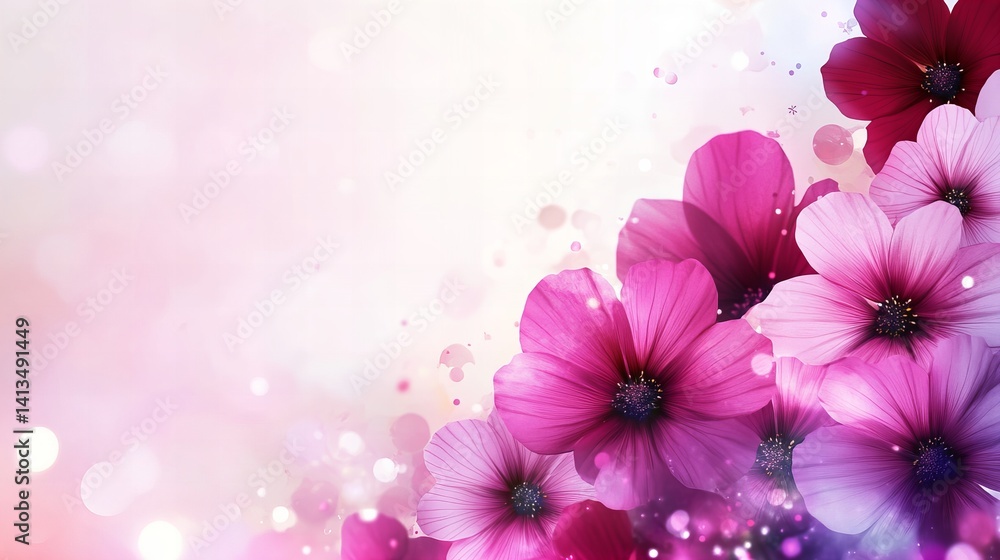 Pink flowers are arranged on the right side of the image with soft light and bokeh effects. Pink flowers are arranged on the right side of the image with soft light and bokeh effects.