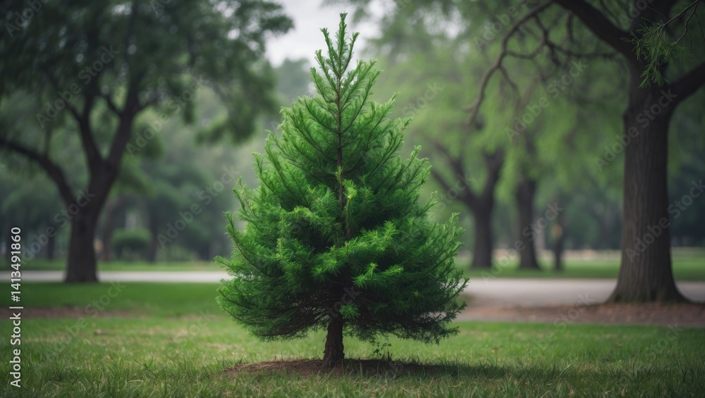Obraz premium Majestic pine tree proudly rises in the park, radiating happiness with its lush foliage.