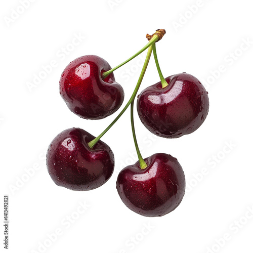 Fresh cherries with vibrant red hue isolated against a clean transparent background in natural light, Delicious cherry isolated transparent background
