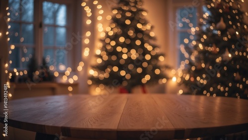 A wooden table showcasing products with a festive backdrop of trees and fairy lights.
