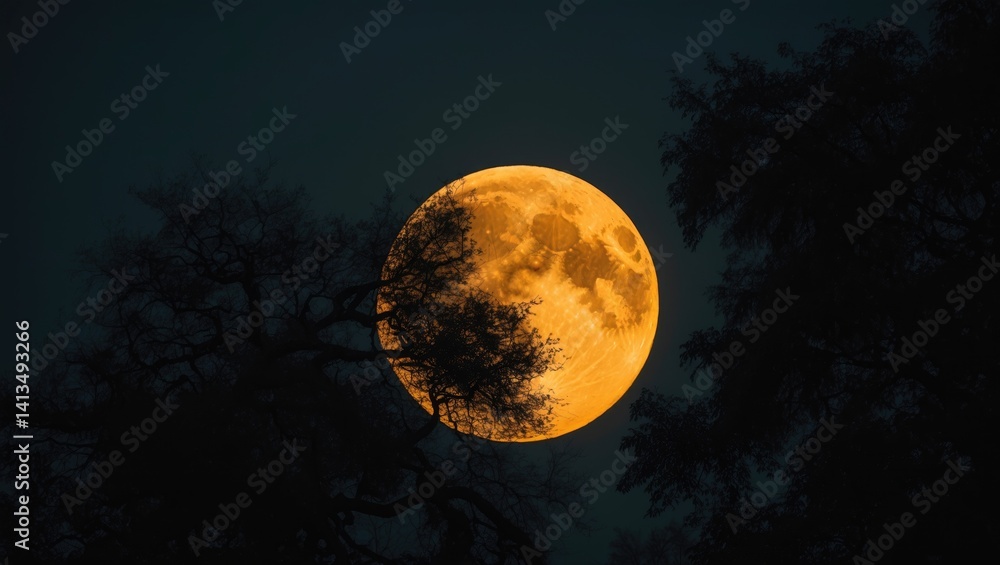Fototapeta premium An illuminated orange moon casts a silhouette of an oak tree.