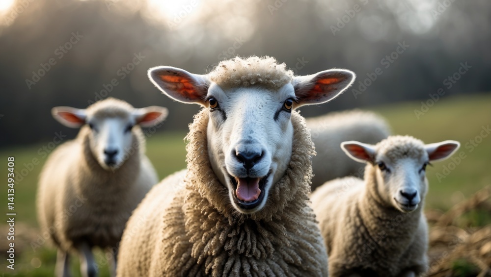 Fototapeta premium Detailed shot of a whimsical sheep, an endearing little lamb with a comical face staring at the camera. Two lambs seated in a blurred background. Idea of happiness, insanity, and humor.