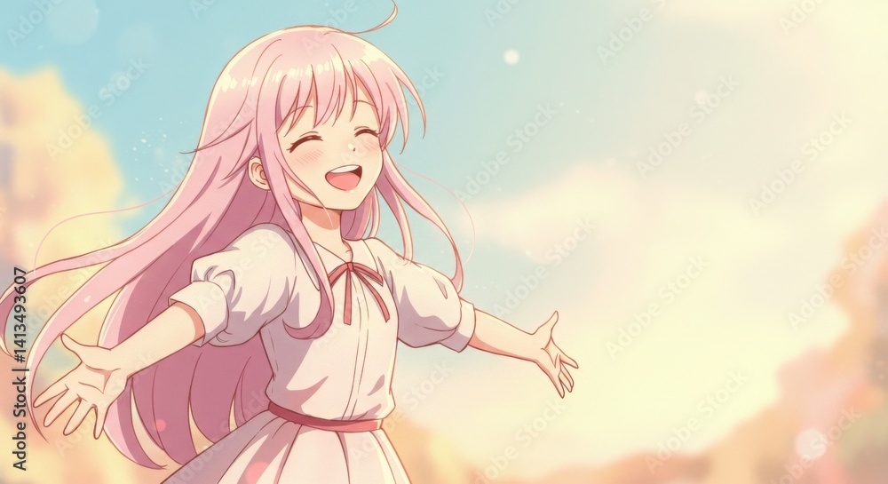 Good anime character emotions. Happy girl with pink hair enjoying nature Good anime character emotions. Happy girl with pink hair enjoying nature
