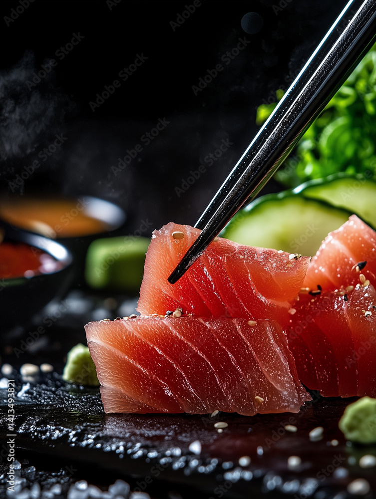 Chopsticks picking up tuna sashimi with sesame seeds and cucumber