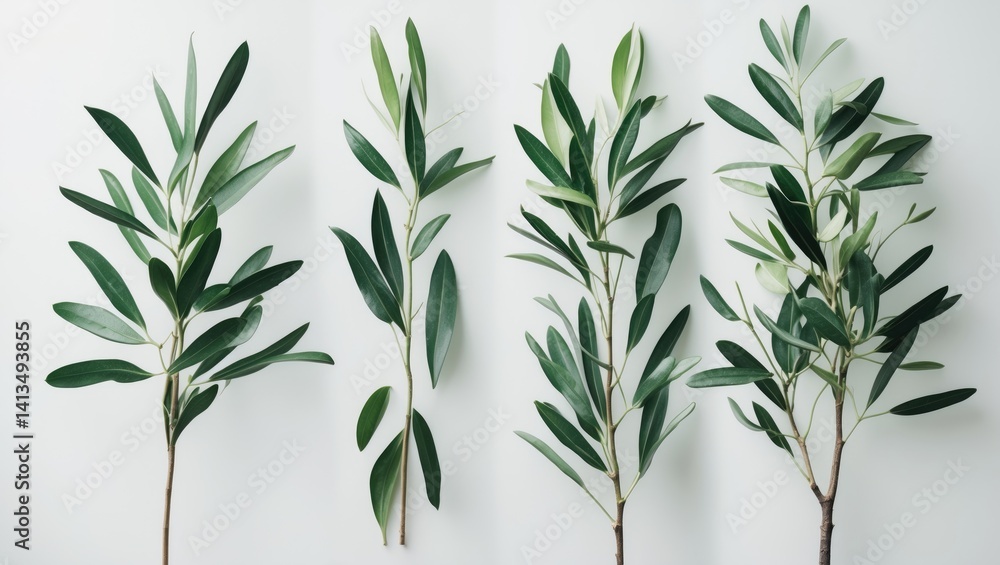 Naklejka premium Series of green olive branch pictures isolated against white