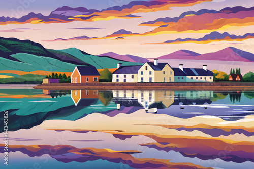 Scottish Highlands Skyline illustration Reflected in Calm Waters at sunset time, Simple cartoon design Flat style vector illustration