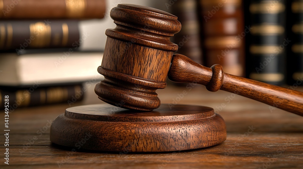 Wooden Gavel in a Library Setting, A wooden gavel on a table in a library setting, symbolizing justice Wooden Gavel in a Library Setting, A wooden gavel on a table in a library setting, symbolizing justice