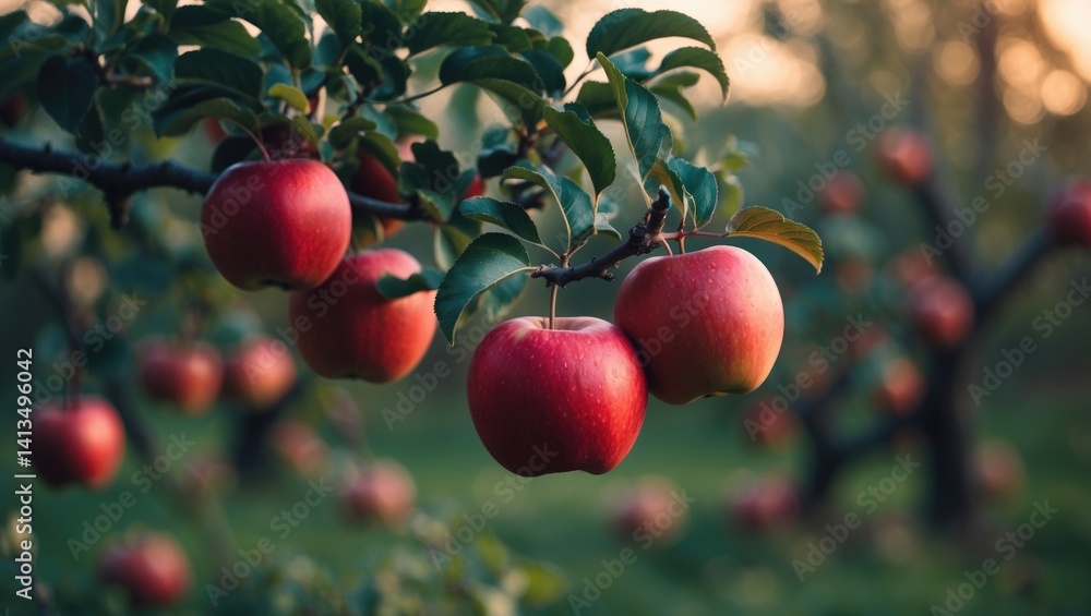 Obraz premium red apple appears appetizing with green leaf