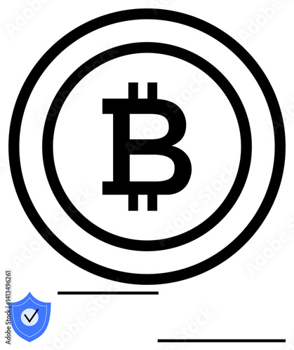 Bitcoin symbol in bold within circular lines beside a check-marked shield for security. Ideal for cryptocurrency, blockchain, trust, digital finance, fintech, banking, simple landing page