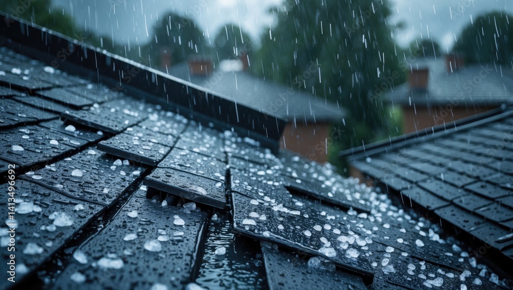 Hail accompanies the rain on the roof.