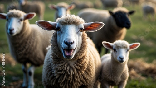Close-up portrait of a quirky sheep, an adorable little lamb with a funny expression gazing at the camera. Two lambs resting in the blurred backdrop. Theme of joy, craziness, and humor.
