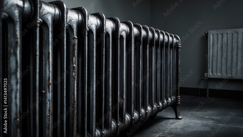 An aged dark brown radiator located in a kitchen An aged dark brown radiator located in a kitchen