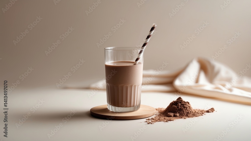 Chocolate drink with protein powder in a glass and straw.