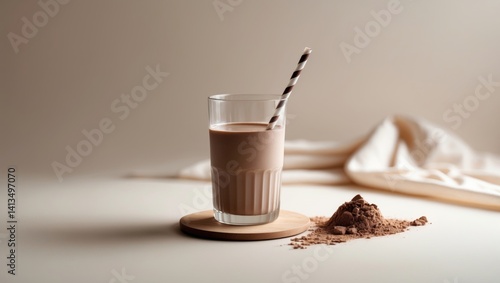 Chocolate drink with protein powder in a glass and straw.
