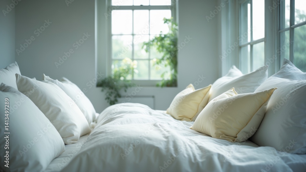 Bed with pillows near the window Bed with pillows near the window