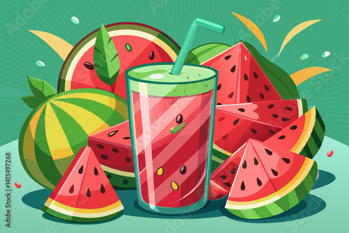 vector of Watermelon juice is surrounded by slices of watermelon