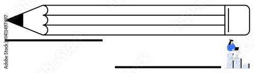 Giant horizontal pencil with heart-shaped lead as main focus, tiny person sitting on bar chart with laptop. Ideal for education, creativity, love for learning, writing, analysis, personal growth