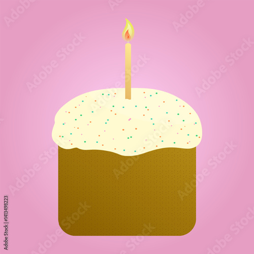 Traditional National Religious Easter cake - kulich - with frosting, sprinkles, and a lit candle on a pink background. Vector drawing. A festive spring decoration, perfect for holiday designs.
