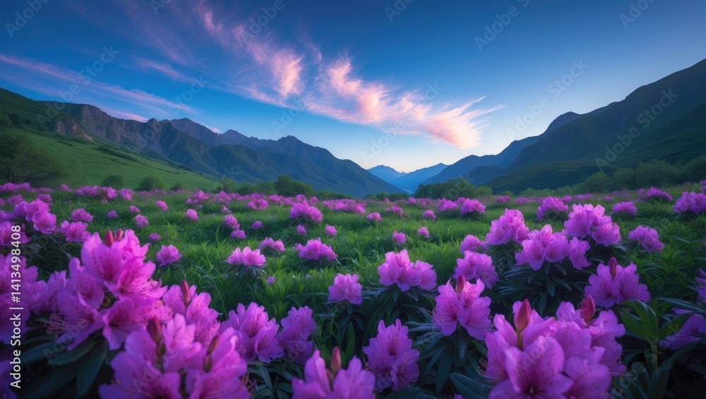 Obraz premium Meadow in the mountains blanketed with Rhododendron blooms. Purple light shining in the foreground. Landscape photography